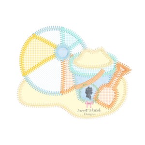 May include: A beach-themed design featuring a beach ball, bucket, and shovel. The beach ball is yellow, blue, and white. The bucket is blue and the shovel is orange. The design includes the text "Sweet Shiloh Designs".