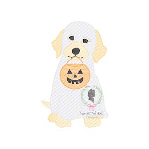May include: A white dog wearing a ghost costume and holding a jack-o'-lantern bucket. The dog is looking at the camera. The text "Sweet Shiloh Designs" is at the bottom of the image.
