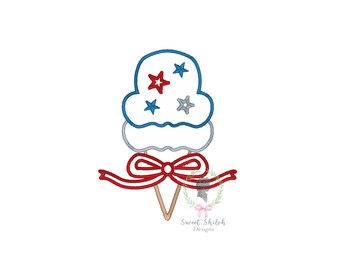 May include: A red, white, and blue ice cream cone with a red bow. The ice cream is decorated with stars.
