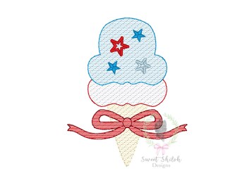 May include: A red, white, and blue ice cream cone with a red bow. The ice cream is decorated with blue stars.