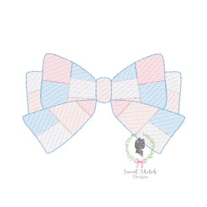 May include: A pastel-colored bow with a patchwork design in shades of pink, blue, and white. The bow is embroidered with a textured appearance. The image includes the text "Sweet Shiloh Designs" in a decorative font.