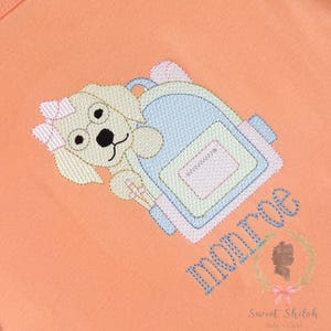 Bow Puppy with Backpack Sketch Embroidery Design, Back to School Puppy Dog Embroidery File, Preschool Dog with Glasses Sketch Stitch File