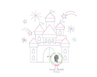 Peut inclure: Un dessin au trait d'un château avec une porte verte et une couronne. Le château est entouré d'étoiles et d'étoiles filantes. Le texte "Sweet Shiloh Designs" est en bas de l'image.