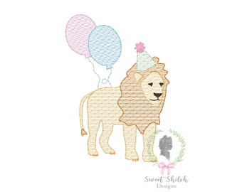 Lion Birthday Party Sketch Embroidery Design, Lion with Balloon Embroidery File, Zoo Birthday Machine Design, Circus Lion Embroidery