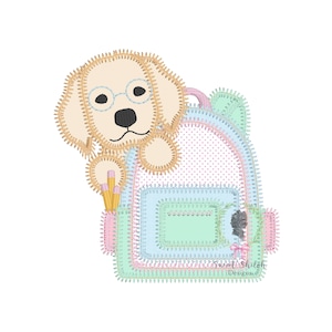 Puppy with Backpack Applique Embroidery Design, Back to School Puppy Dog Embroidery File, Dog with Glasses Zigzag Stitch File, Preschool Pup