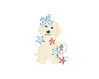 Goldendoodle 4th of July Sketch Embroidery Design, Puppy with Bow Star Spangled Banner Embroidery File, Patriotic Puppy Dog Machine Design