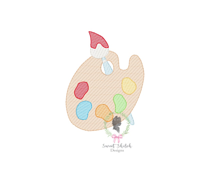 May include: A tan-colored artist's palette with a paintbrush and colorful paint splotches in red, blue, yellow, orange, and green. The design is embroidered with a textured effect. The text "Sweet Shiloh Designs" is at the bottom.
