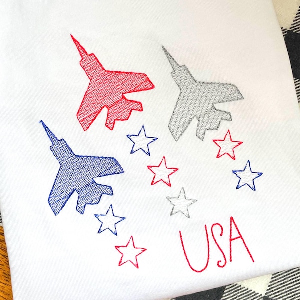 戦闘機トリオのスケッチデザイン、メモリアルデーの航空機刺繍ファイル、スケッチステッチマシンのデザイン、独立記念日の刺繍デザイン