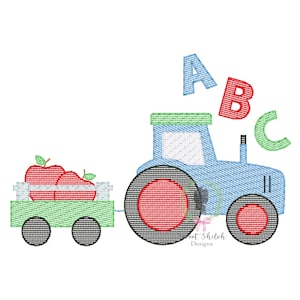 May include: A blue tractor with red wheels pulls a green wagon filled with red apples. The letters A, B, and C are above the tractor. The design is a digital embroidery file.