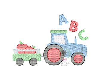 Broderidesign för traktor med äpplen, ABC-skissa för skoltraktor, broderifil för skolstart, maskindesign för alfabetstraktor