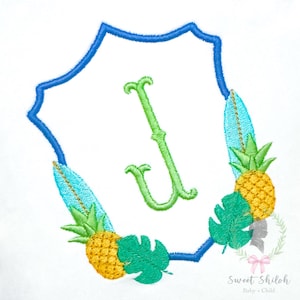 Diseño de bordado de marco con monograma de tabla de surf, archivo de bordado de marco con monograma de piña, diseño de archivo de máquina de marco de vacaciones, diseño de hoja de palma