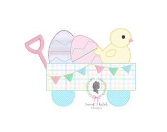 Easter Wagon Bean Applique Design, Easter Egg Spring Chick Embroidery File, Baby Chick Machine Design, Bean Stitch Egg Embroidery
