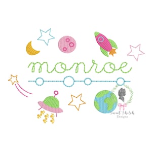 May include: An embroidered design featuring the name "Monroe" in green script, surrounded by space-themed elements. Includes a pink rocket, stars, a moon, a planet, and a UFO. The design also includes the text "Sweet Shiloh Designs".