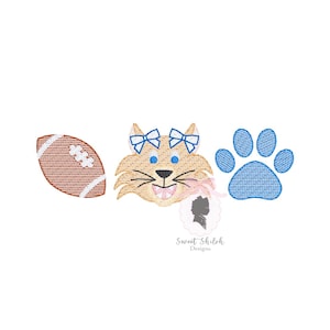 May include: An embroidered design featuring a football, a cartoon bobcat face with blue bows, and a blue paw print. The bobcat has blue eyes and a pink bow. The design includes the text "Sweet Shiloh Designs".