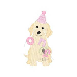 May include: A yellow Labrador Retriever puppy wearing a pink party hat and holding a pink number one balloon.