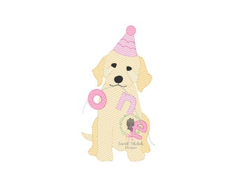 Eerste verjaardag goldendoodle schets borduurontwerp, doodle verjaardag banner schets steekbestand, verjaardag hoed puppy hondje machineontwerp