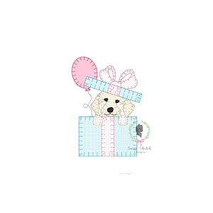 Goldendoodle Birthday Present Applique Embroidery Design, Puppy with Balloon Embroidery File, Puppy Dog Machine Design, New Puppy Embroidery