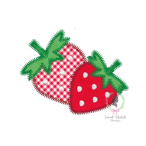 May include: Two red strawberries with white polka dots. One strawberry has a red and white gingham pattern. Both strawberries have green leaves.