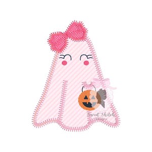 May include: A pink ghost illustration with a pink bow on its head and a pumpkin-shaped treat bag. The ghost has a stitched outline and striped body. The pumpkin is orange with a black face. The text "Sweet Shiloh Designs" is below.