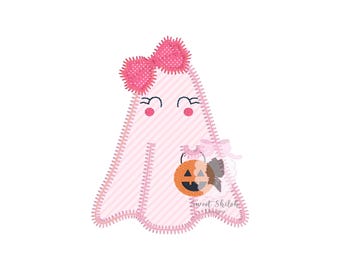 Ghost with Bow Applique Embroidery Design, Halloween Ghost with Pumpkin Design, Zigzag Stitch Ghost Digital Machine File, Ghost Embroidery