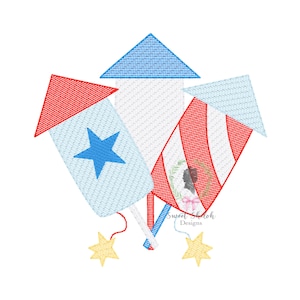 May include: Embroidered design of three stylized fireworks in red, white, and blue. One firework has a blue star, another has red and white stripes, and all have yellow star accents. The design is labeled "Sweet Stitoh Designs."