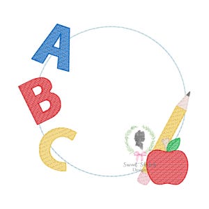 May include: An embroidered design featuring the letters A, B, and C in blue, red, and yellow, respectively, arranged around a circle. A yellow pencil, a red apple, and a small logo are also included, all on a white background.