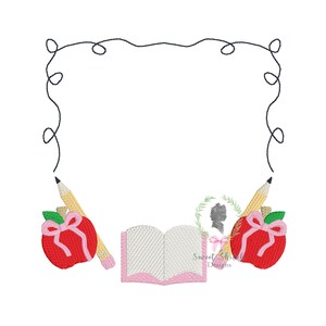 Bow Apple with Pencil Scribble Frame Design, School Book Monogram Frame, Back to School Embroidery File, Pencil Writing Machine Embroidery
