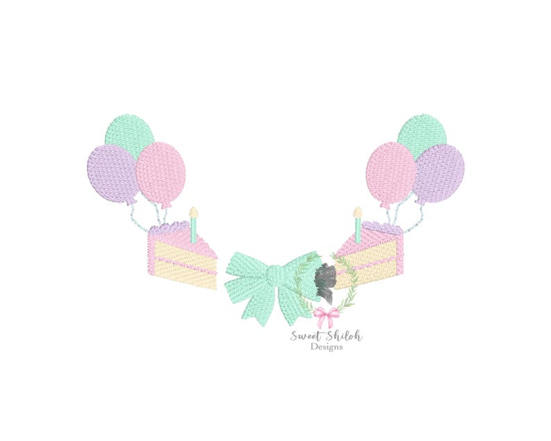 Op de afbeelding: Een digitaal borduurontwerp met een verjaardagstaart met kaarsen, een strik en ballonnen in pastelkleuren. Het ontwerp bevat de tekst "Sweet Shiloh Designs".