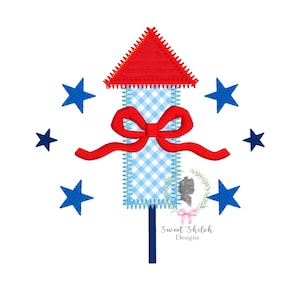 Firework Rocket with Bow Embroidery Design, 4th of July Rocket Applique Embroidery File, Zigzag Stitch Independence Day Star Machine Design