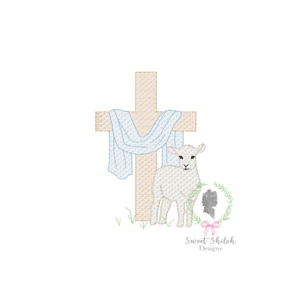 Easter Cross and Lamb Sketch Design, He is Risen Embroidery Machine File, Spring Lamb Embroidery, Christian Easter Sketch Stitch Embroidery