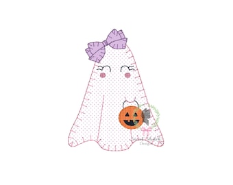 May include: A white ghost with a purple bow, holding a small orange pumpkin with a jack-o'-lantern face. The ghost has pink cheeks and black eyes.