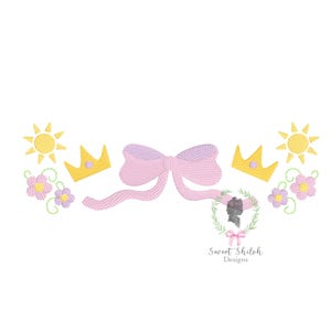 May include: Embroidered design featuring a pink bow, two yellow crowns, two yellow suns, and four pink flowers with purple centers. The design is perfect for a princess-themed project.