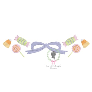 May include: A purple bow with candy corn, lollipops, and wrapped sweets on either side. The text "Sweet Shiloh Designs" is below the bow.