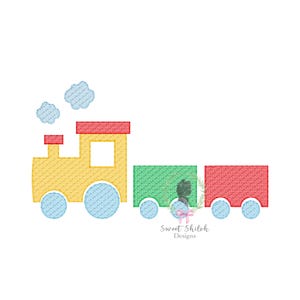 May include: A colorful embroidered train design. The train features a yellow engine with a red roof, a green car, and a red car. The wheels are light blue, and there are two blue cloud puffs above the engine. The design is on a white background.