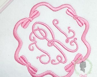 Bow Monogram Frame Design, Heirloom Ribbon Embroidery Machine File, Satin Stitch Bow Frame Digital Design, Baby Girl