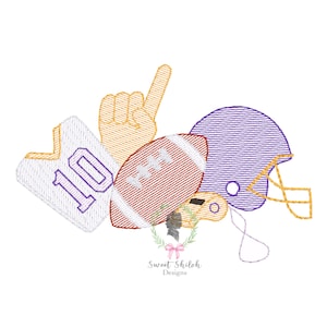 May include: An embroidered design featuring a football, a purple helmet, a foam finger, a jersey with the number 10, and a whistle. The design is in shades of purple, gold, and brown, perfect for sports enthusiasts.