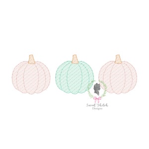 Op de afbeelding: Drie geborduurde pompoenen, één roze, één groen en één roze. De pompoenen zijn in een rij gerangschikt. De tekst "Sweet Shiloh Designs" staat onder de pompoenen.
