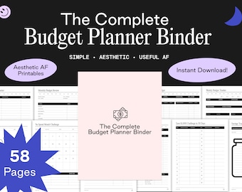 May include: Aesthetic budget planner binder with 58 pages. The cover features the text "The Complete Budget Planner Binder" and the words "Simple, Aesthetic, Useful AF". Includes "Aesthetic AF Printables" and "Instant Download!" text.