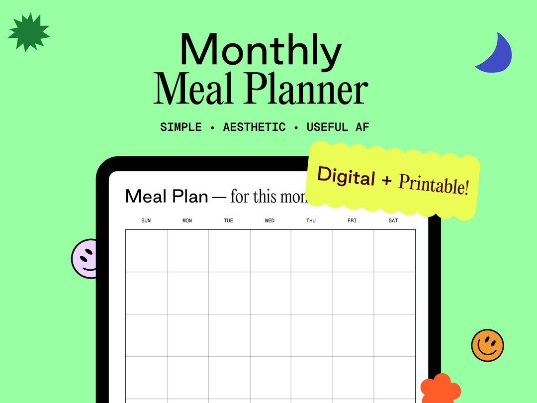 Monthly Meal Planner With Grocery List Printable Template, 30 Day Menu ...