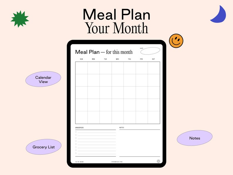 Monthly Meal Planner With Grocery List Printable Template, 30 Day Menu ...