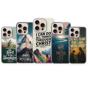 May include: A collection of five phone cases with religious themes. Each case features a different design, including landscapes, biblical figures, and inspirational quotes. The cases are in various colors and have a glossy finish.