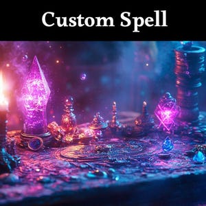 Può includere: Immagine con il testo "Custom Spell" in alto. La scena presenta una mistica disposizione di cristalli luminosi, candele e bottiglie ornate nei toni del viola, blu e oro, creando un'atmosfera incantevole.
