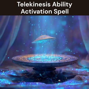 Puede incluir: Una representación artística de un platillo volador levitando sobre una plataforma circular, con el texto "Telekinesis Ability Activation Spell" en la parte superior. La escena está bañada en luz azul y púrpura, con efectos brillantes.