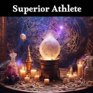 Puede incluir: Una escena mística con un orbe brillante sobre un soporte decorativo rodeado de velas y botellas de vidrio. El orbe está rodeado de una luz púrpura y azul que gira. El texto "Superior Athlete" se muestra en la parte superior de la imagen.