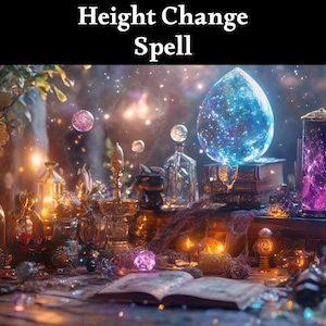 May include: A magical scene with a glowing blue orb, a book, and various bottles and jars. The scene is set in a dark forest with twinkling lights and a purple and blue nebula-like object in the background. The text "Height Change Spell" is displayed at the top of the image.