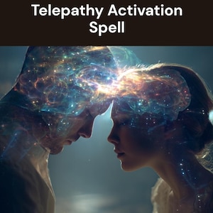 May include: An artistic image featuring two people facing each other, with a cosmic energy overlaying their heads. The text "Telepathy Activation Spell" is displayed at the top. The overall theme suggests spirituality and psychic abilities.