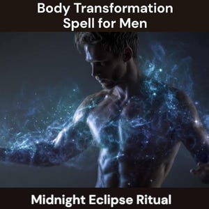 May include: A digital illustration of a muscular torso surrounded by swirling blue and white cosmic energy and glowing particles. The text at the top reads Body Transformation Spell for Men and the text at the bottom reads Midnight Eclipse Ritual.