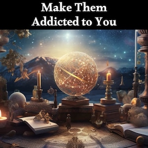 Op de afbeelding: Een digitale kunstillustratie met een gloeiende bol, kaarsen, boeken en decoratieve objecten. De tekst "Make Them Addicted to You" staat bovenaan. De achtergrond toont een sterrenhemel en bergen.