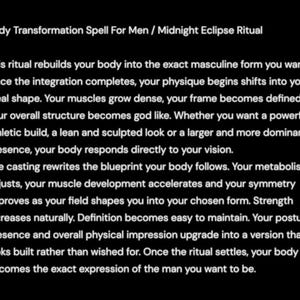 Op de afbeelding: Een zwarte digitale afbeelding met witte tekst getiteld Body Transformation Spell For Men / Midnight Eclipse Ritual. De tekst beschrijft een proces voor fysieke verandering, met vermelding van spierdichtheid, lichaamsbouw en stofwisselingsaanpassingen.