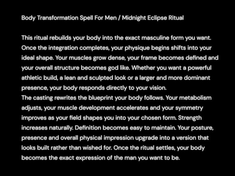 Op de afbeelding: Een zwarte digitale afbeelding met witte tekst getiteld Body Transformation Spell For Men / Midnight Eclipse Ritual. De tekst beschrijft een proces voor fysieke verandering, met vermelding van spierdichtheid, lichaamsbouw en stofwisselingsaanpassingen.